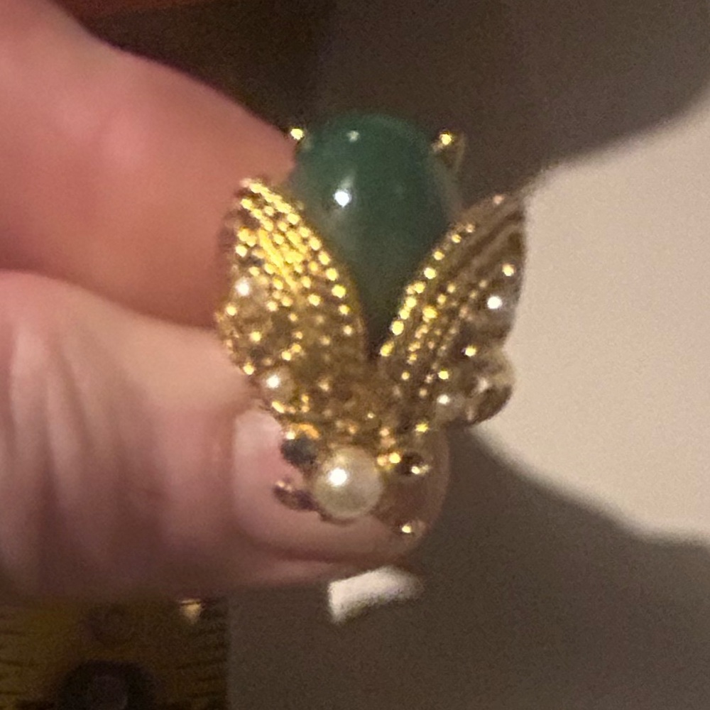 Lady Bug Rhinestone Green Adjustable Vintage Ring Carnegie Era